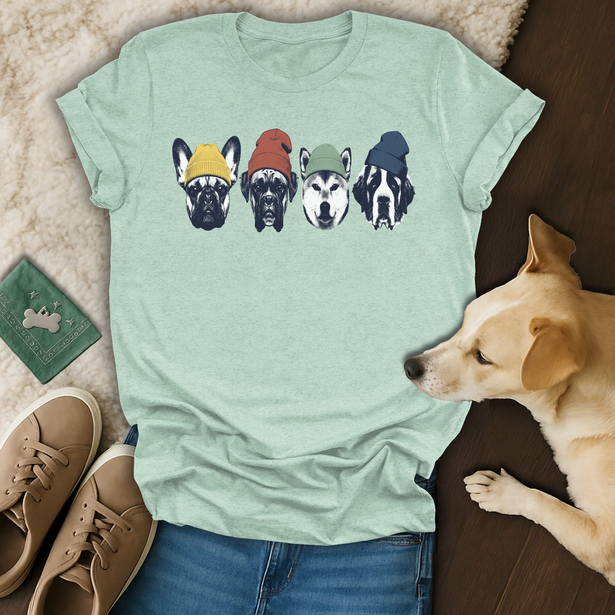 Four dogs wearing colorful beanies on a light green t-shirt.