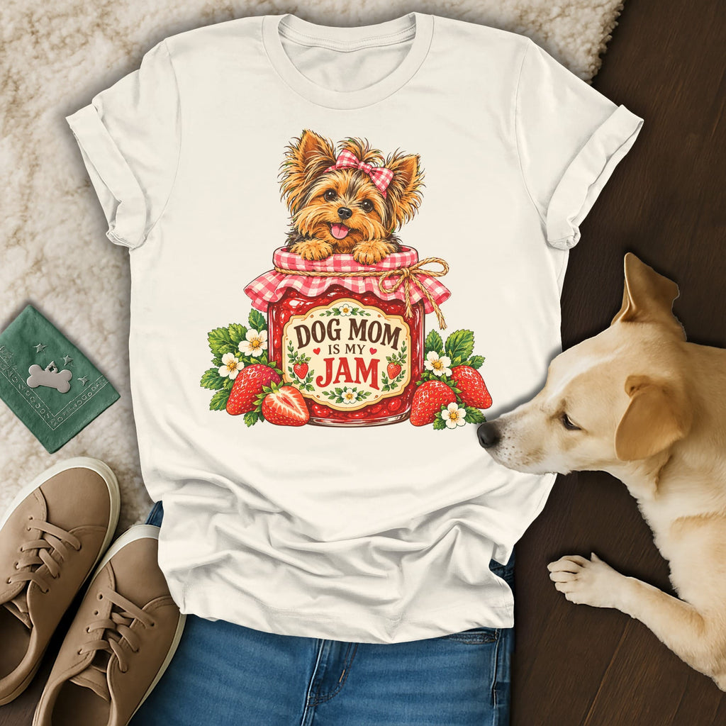 Off-white t-shirt featuring a Yorkshire terrier graphic in a strawberry jam jar with text reading "Dog Mom is My Jam."