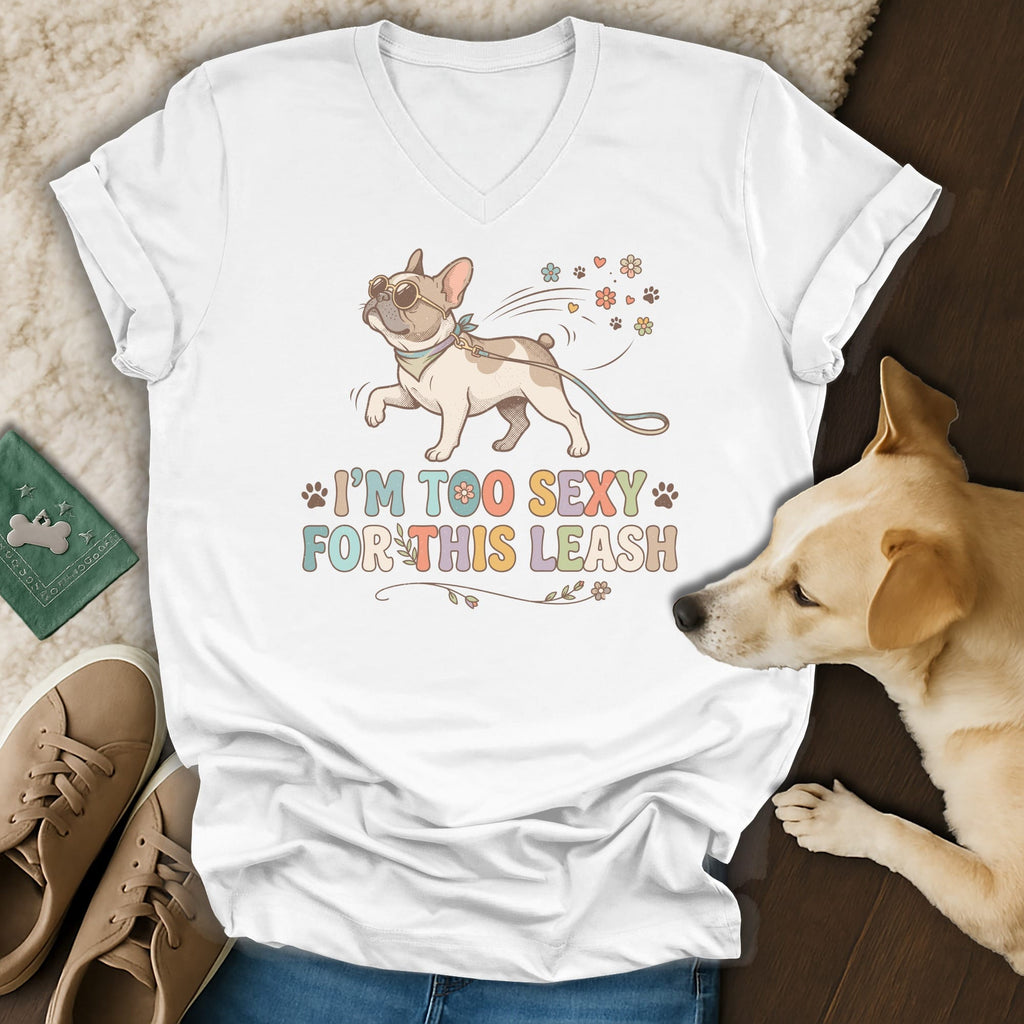 White t-shirt with a cartoon French Bulldog and text "I'M TOO SEXY FOR THIS LEASH".