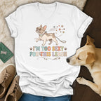 White t-shirt with a cartoon French Bulldog and text "I'M TOO SEXY FOR THIS LEASH".