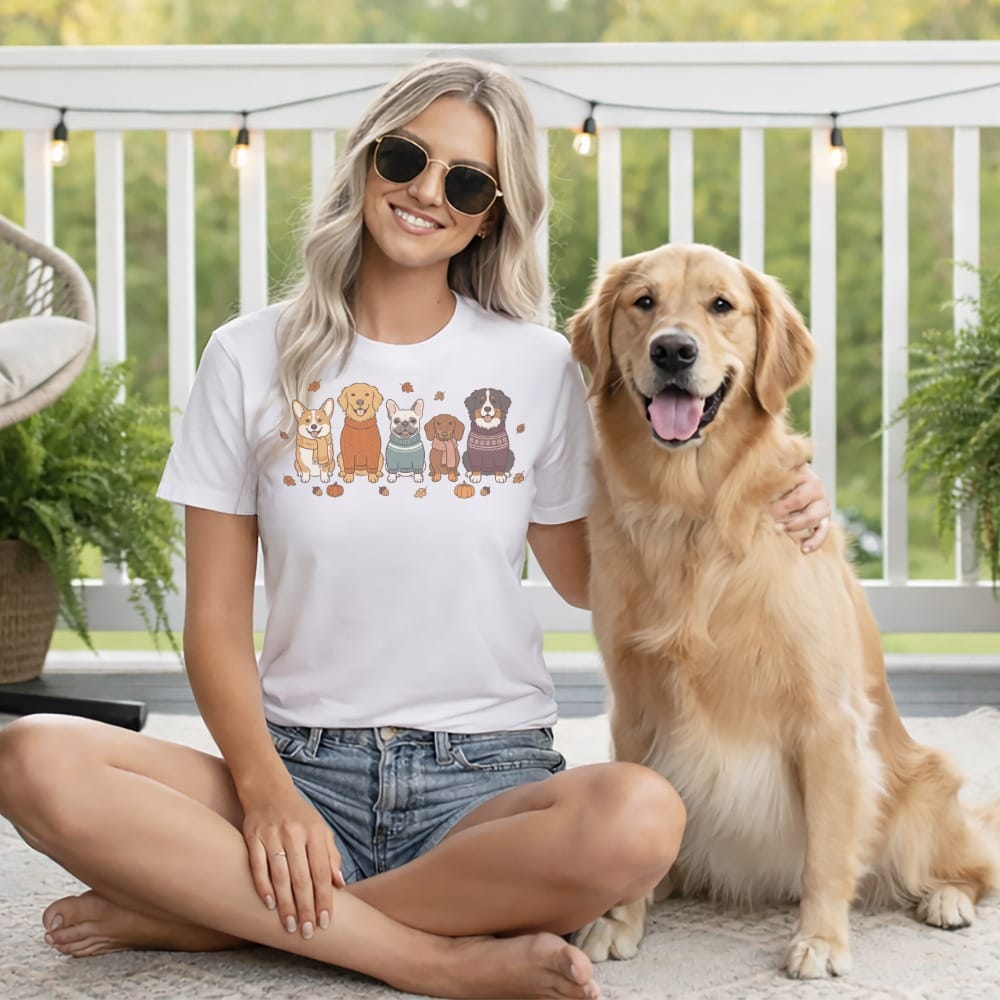 Woman wearing white t-shirt with illustrated dogs; golden retriever sits next to her.