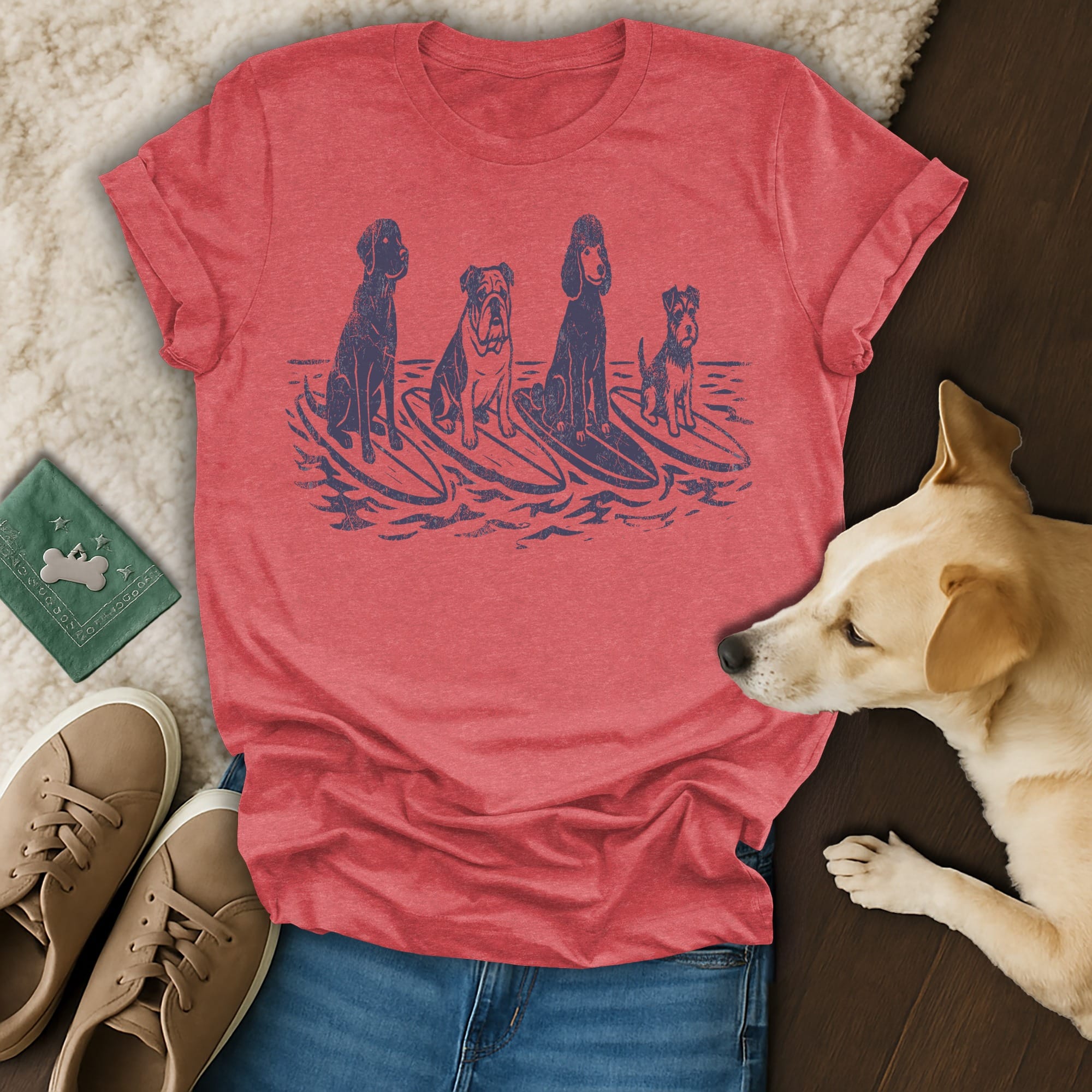 Four dogs silhouetted on surfboards with ocean waves.