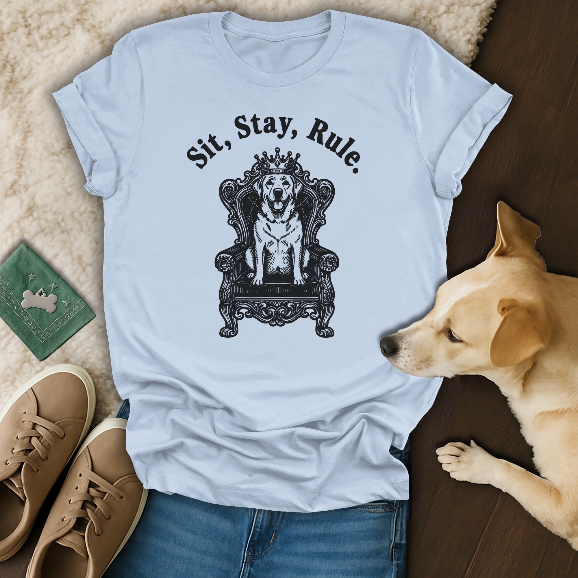 Sit Stay Rule Graphic Dog on Thrown T-Shirt Design
