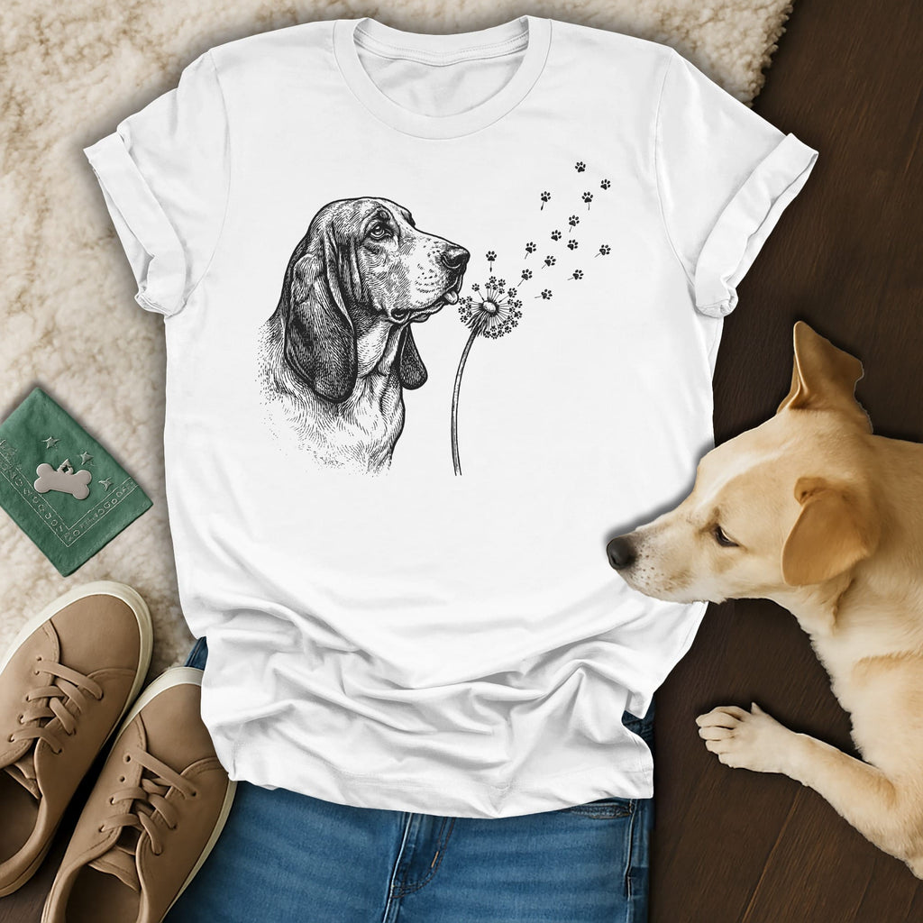 Basset hound blowing dandelion seeds, leaving paw print trails.