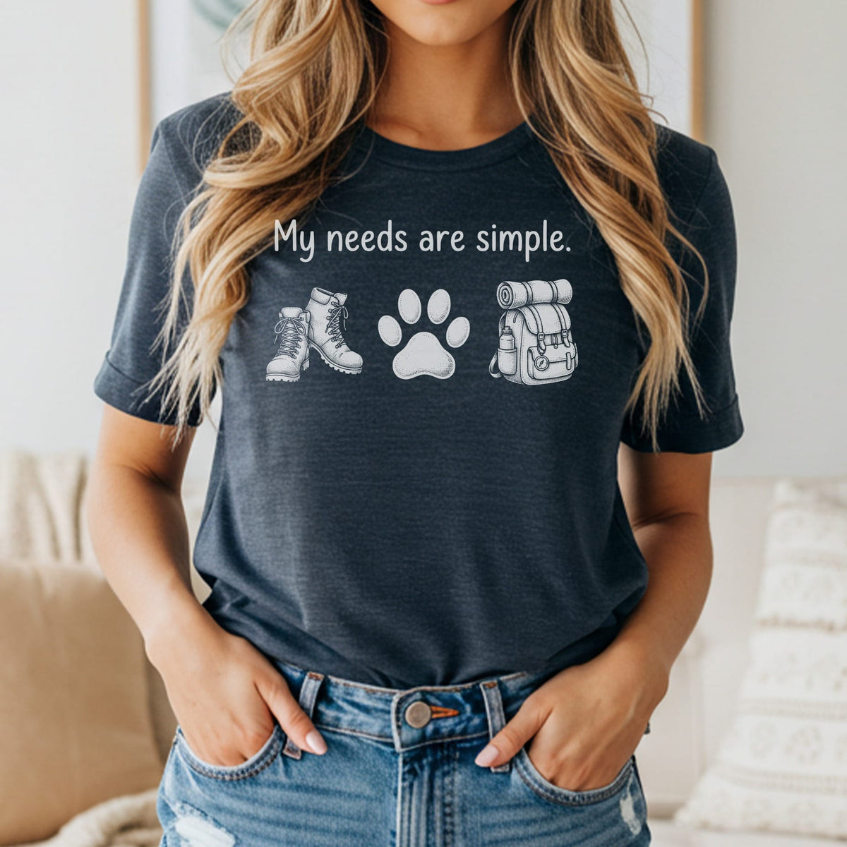 Dark grey t-shirt with text "My needs are simple" and hiking graphics.