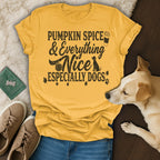 Yellow t-shirt with "Pumpkin Spice & Everything Especially Dogs" text and dog silhouette.