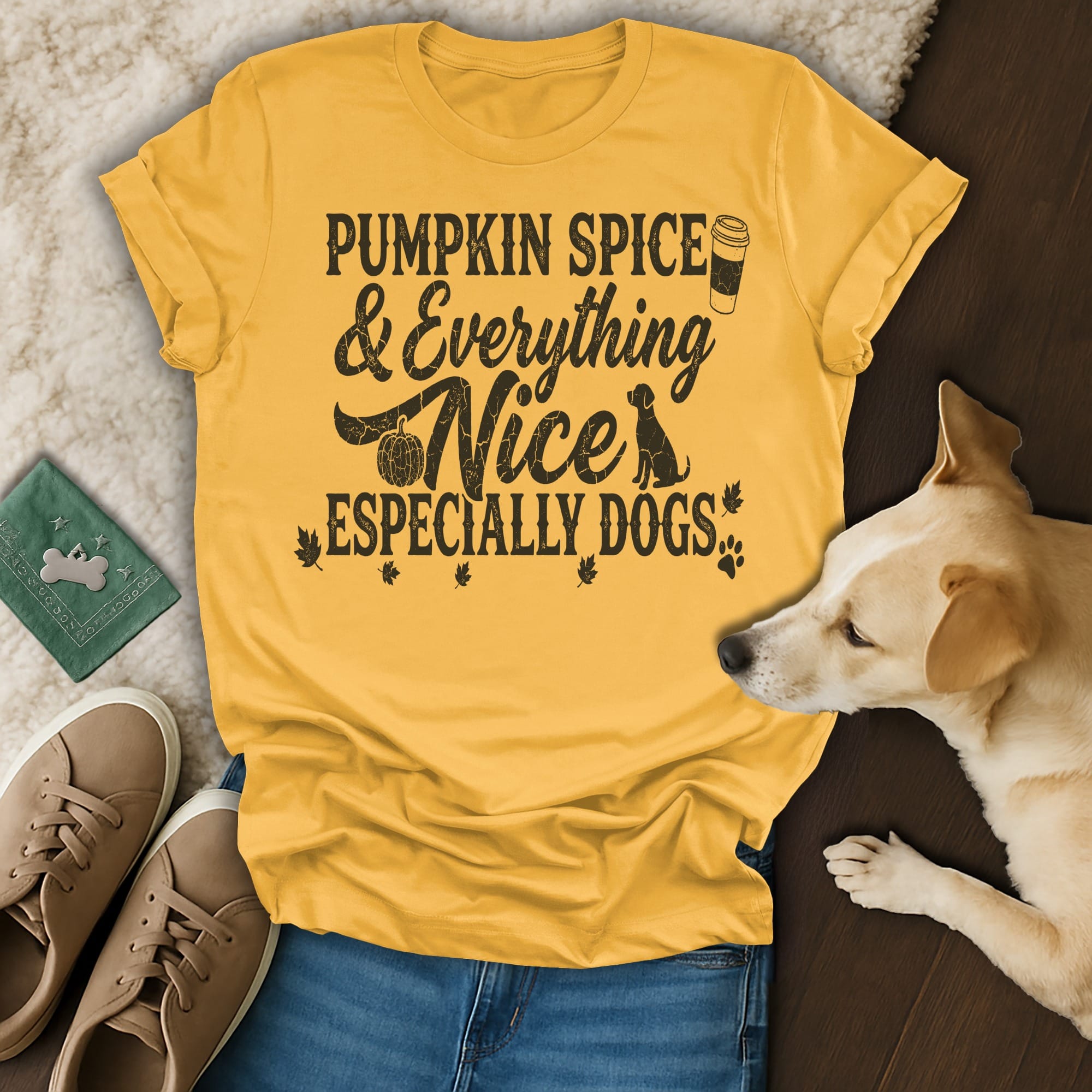 Yellow t-shirt with "Pumpkin Spice & Everything Especially Dogs" text and dog silhouette.