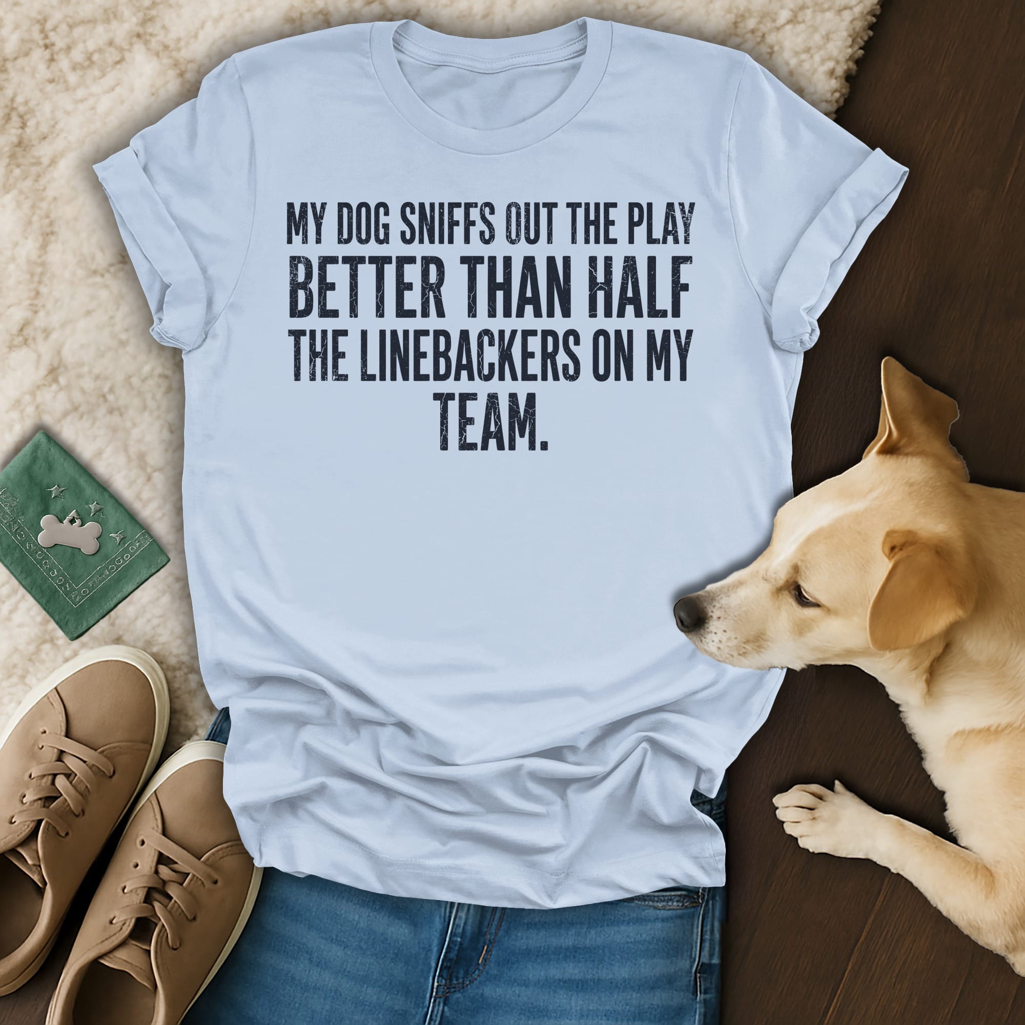 Light blue t-shirt with text about a dog's football knowledge.
