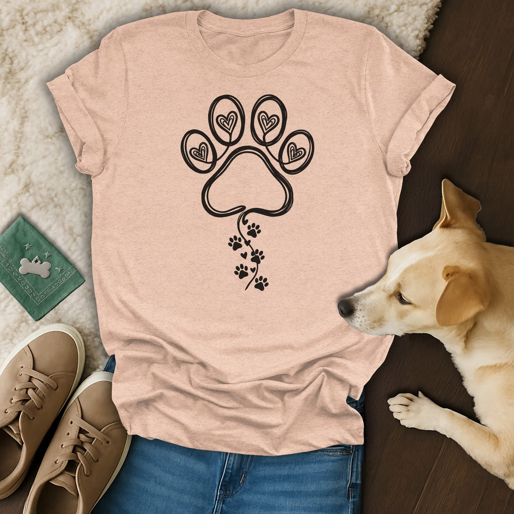 Peach t-shirt with a black paw print and heart design, next to dog and shoes.