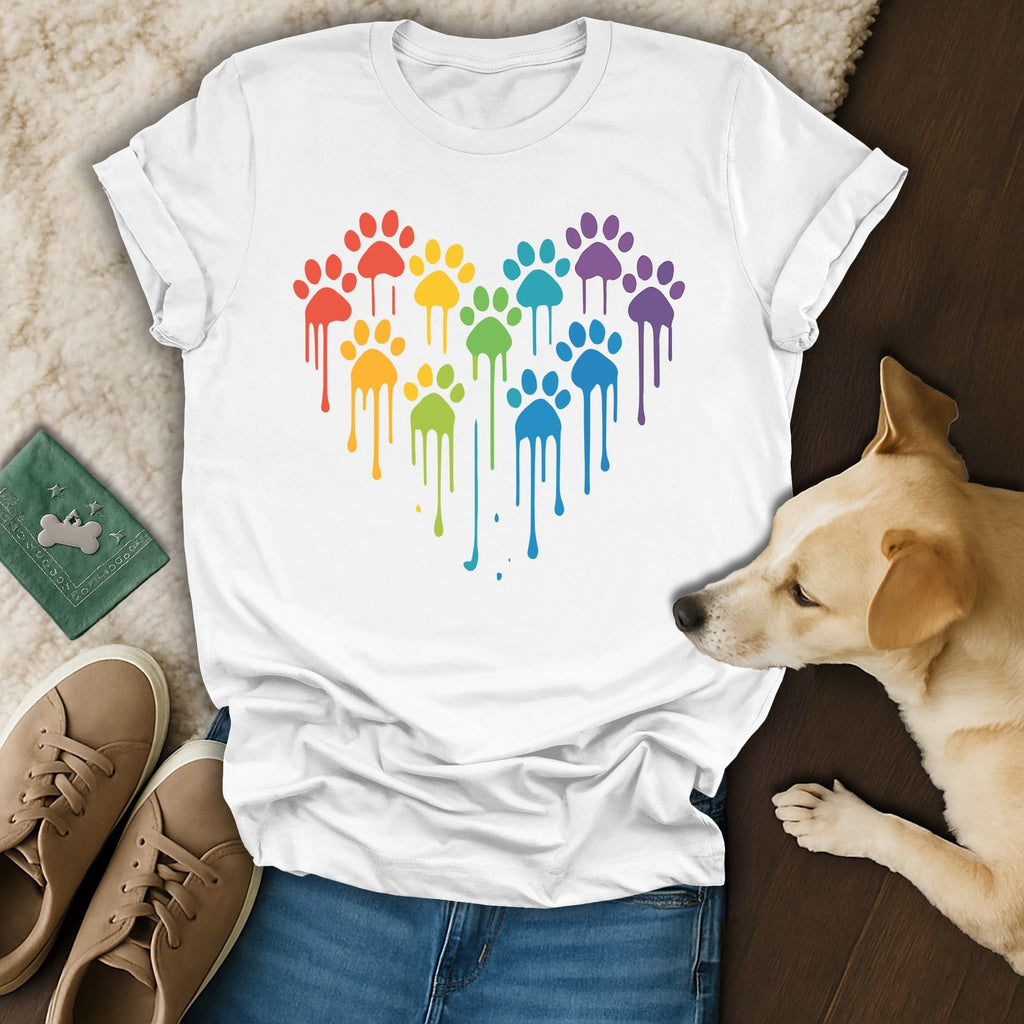 Rainbow Paw Print Heart Dripping Design T-Shirt