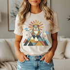 Bulldog meditating on mountain with sun and clouds graphic on t-shirt.