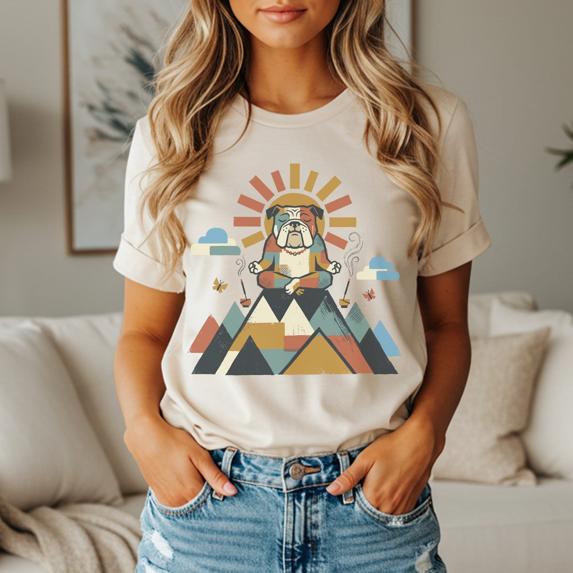 Bulldog meditating on mountain with sun and clouds graphic on t-shirt.