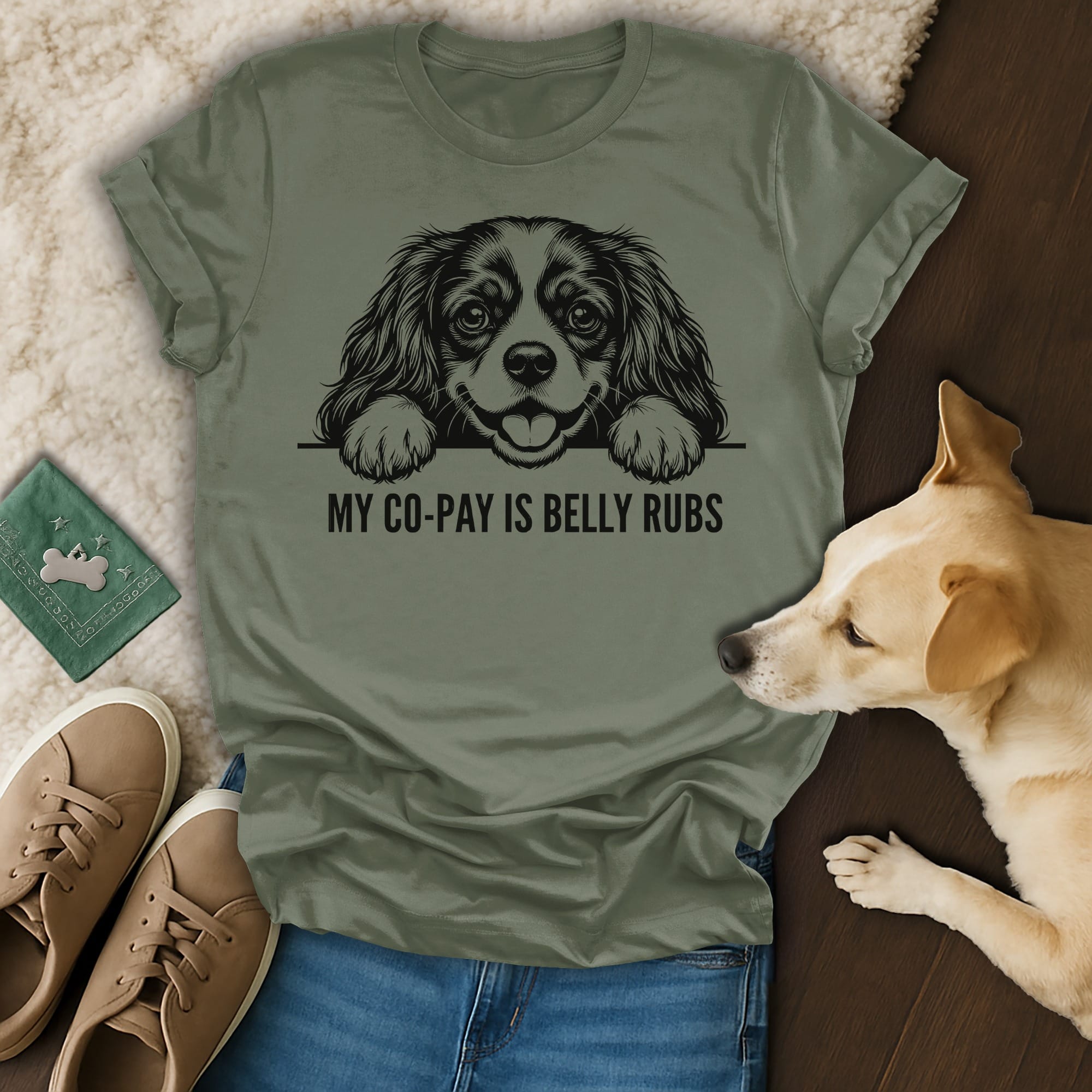 Green t-shirt with Cavalier King Charles Spaniel illustration and "MY CO-PAY IS BELLY RUBS" text.