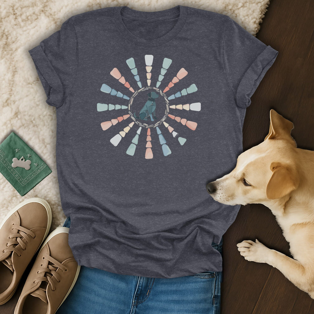 Dark grey t-shirt with a geometric dog and sunburst design.