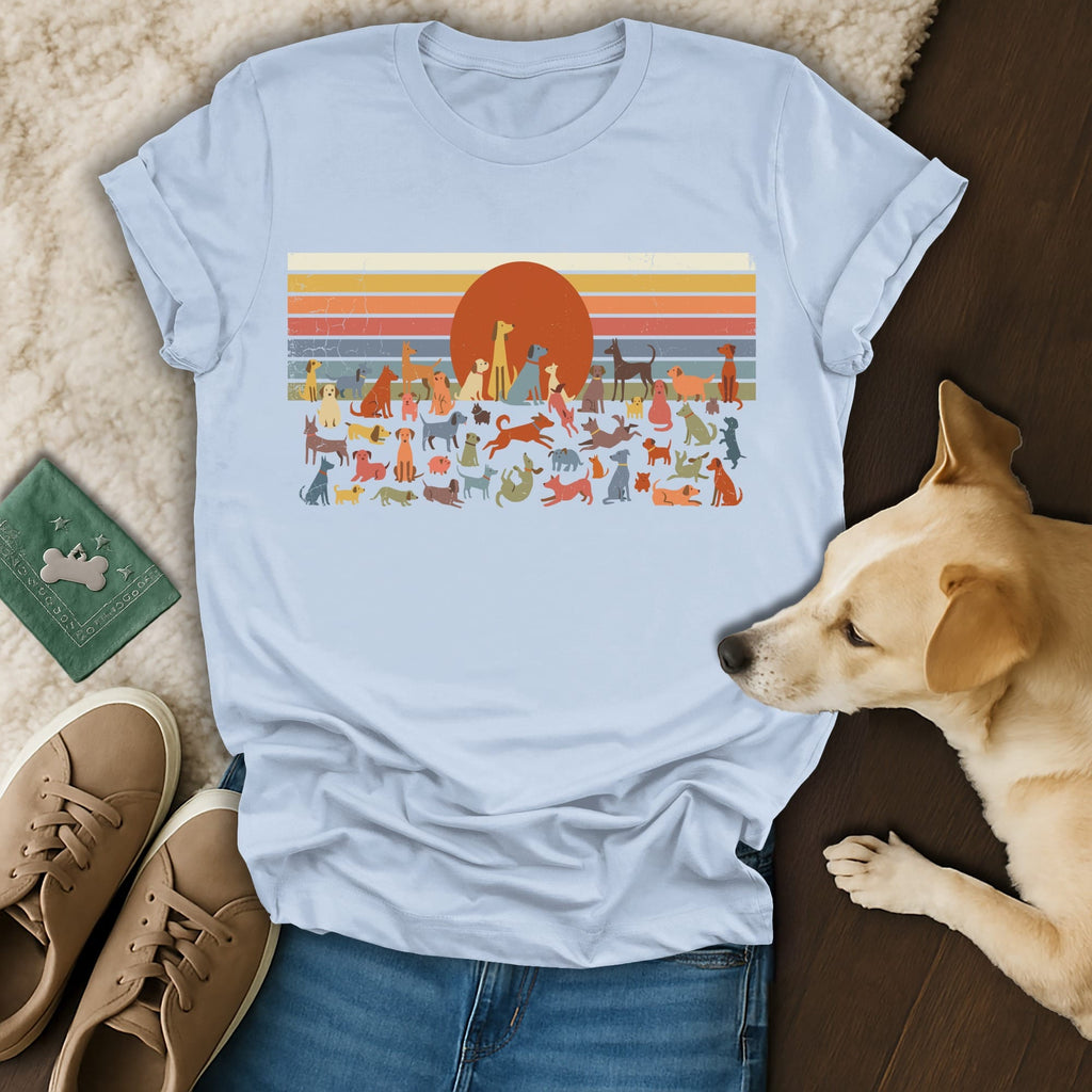 T-shirt with a retro sunset design featuring many different dog breeds.