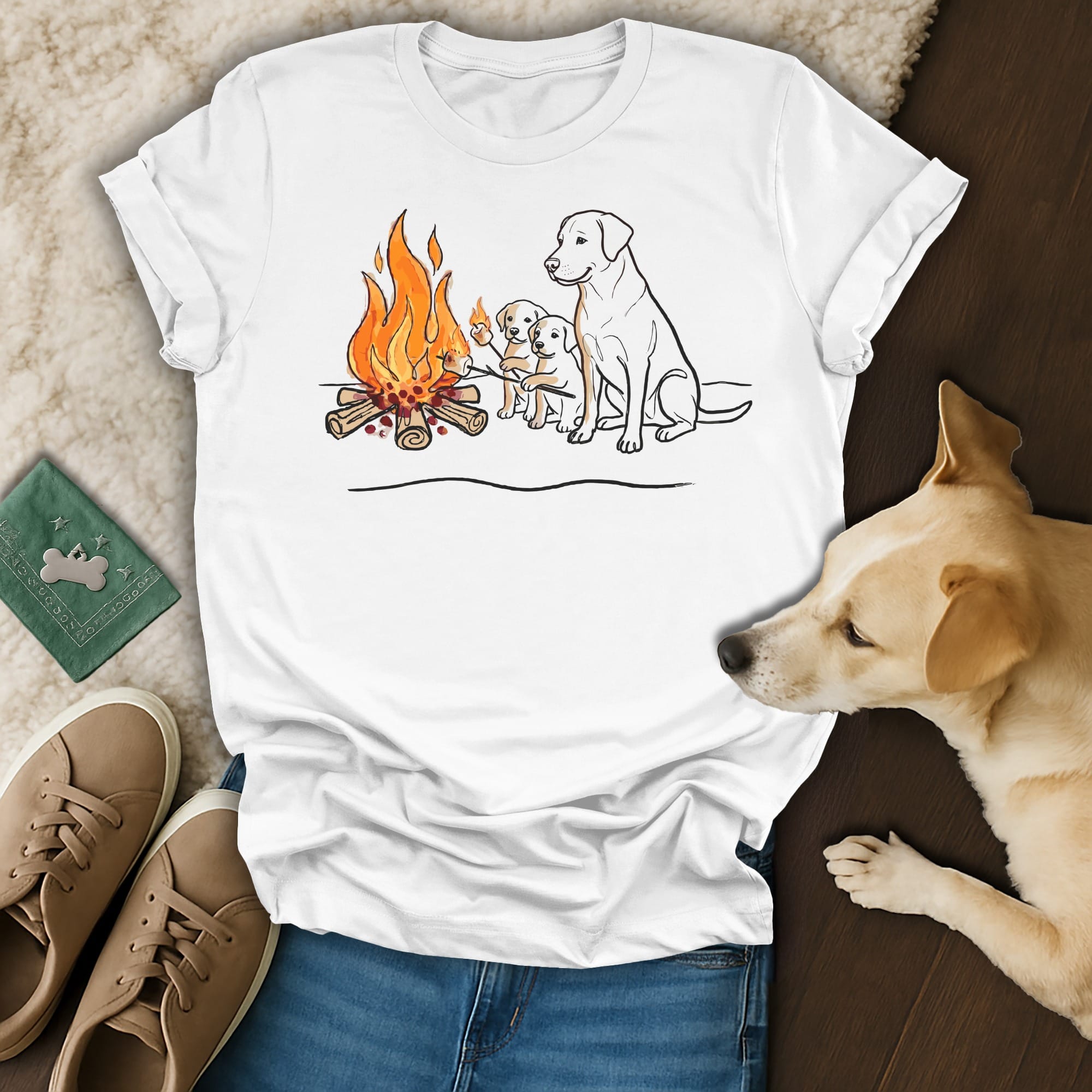 Labrador puppies and adult dog sitting by a campfire on a t-shirt.
