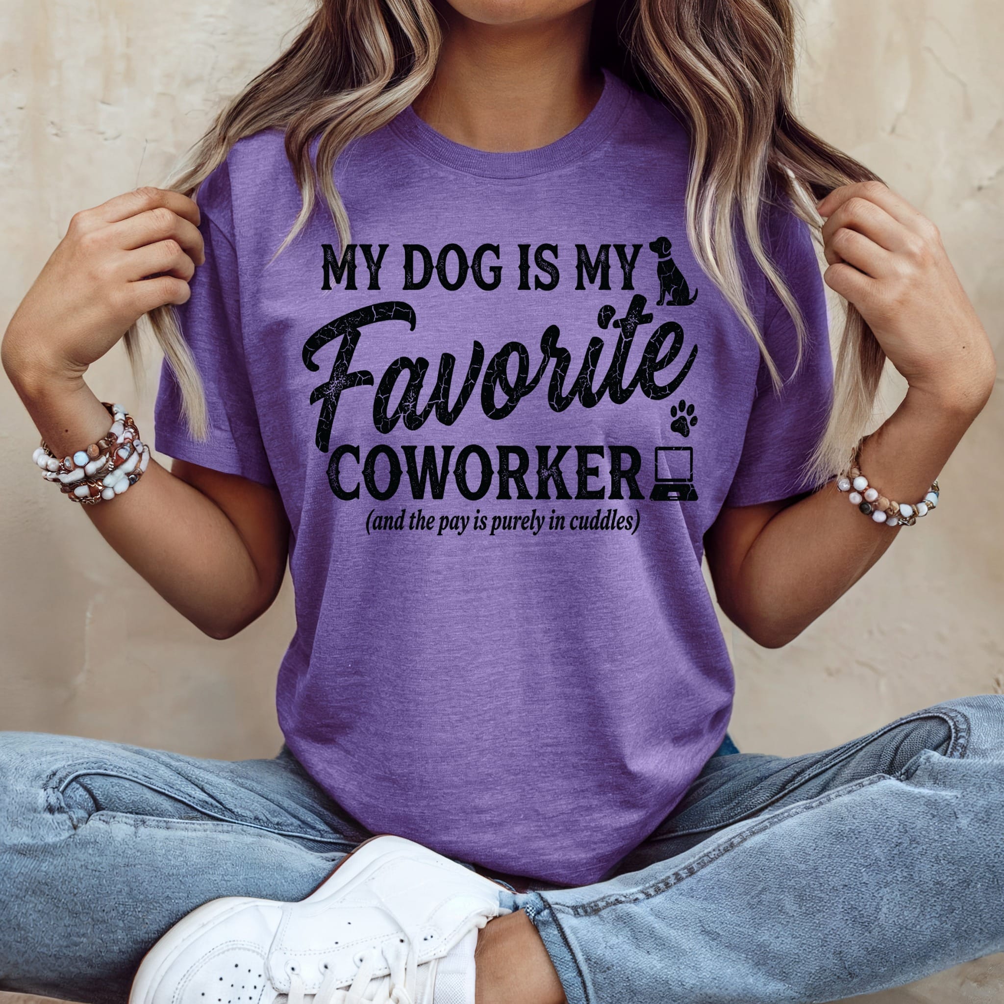 Purple t-shirt with "My dog is my favorite coworker" text.