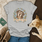 Gray t-shirt featuring an illustrated senior dog surrounded by blue flowers and the text Forget Me Not.