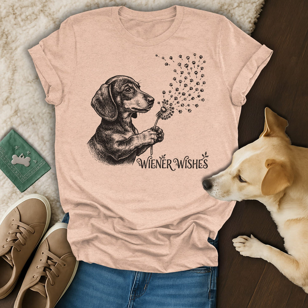 T-shirt with dachshund holding dandelion, paws flying.