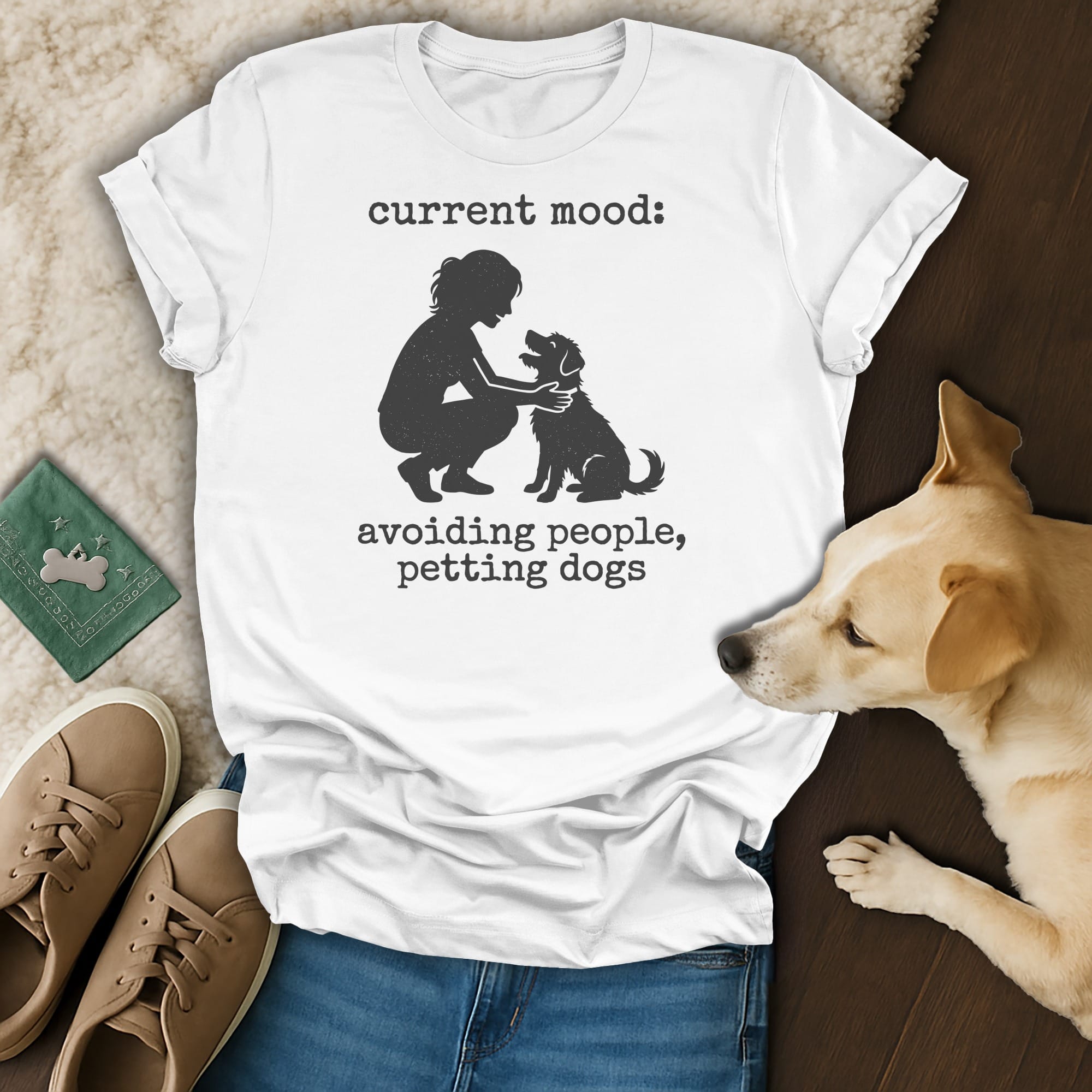 White t-shirt with "current mood: avoiding people, petting dogs" text and graphic.