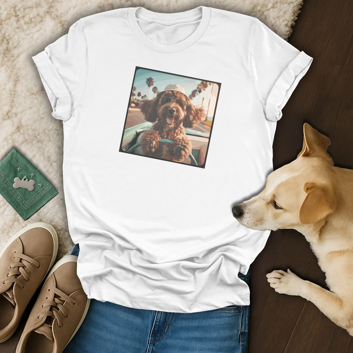White t-shirt with a graphic of a brown dog wearing sunglasses in a convertible.