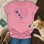 Pink t-shirt with heart, paw prints, and "250 • America" text.