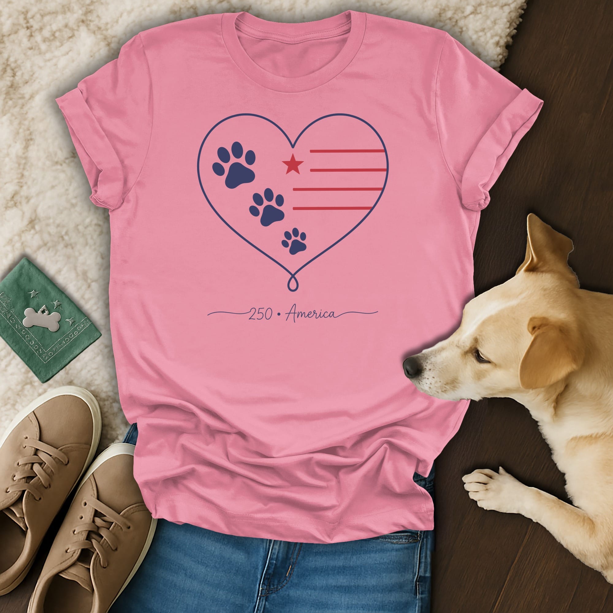 Pink t-shirt with heart, paw prints, and "250 • America" text.