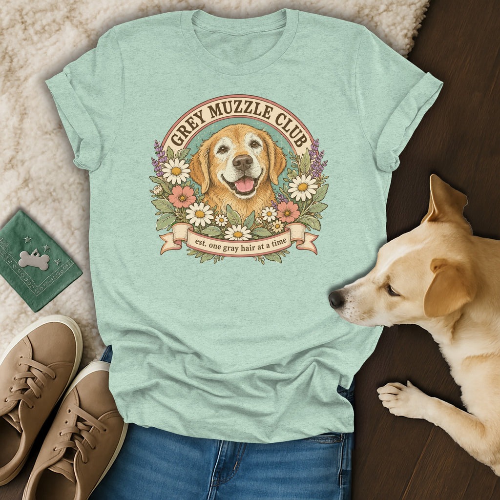 Sage green t-shirt featuring a retro golden retriever illustration with flowers and the text Grey Muzzle Club.