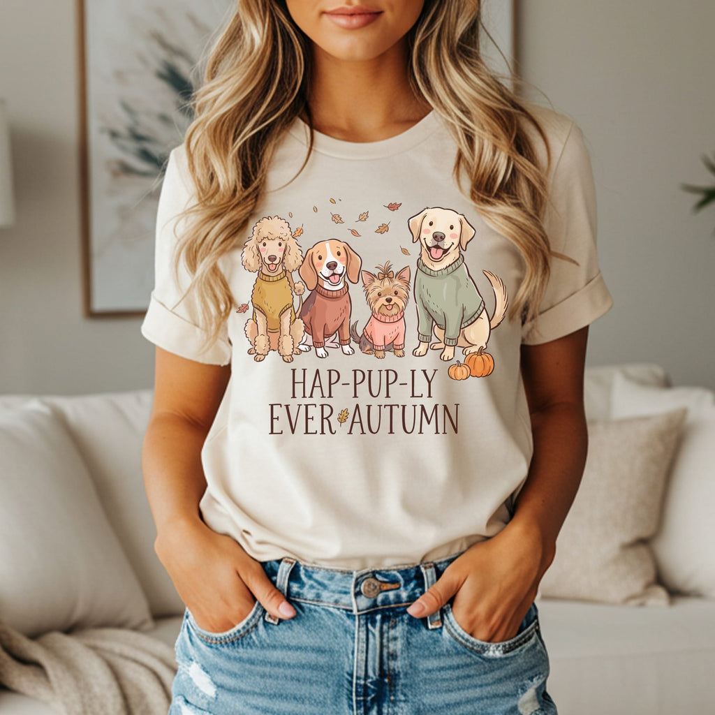 Four dogs wearing sweaters with text "HAP-PUP-LY EVER AUTUMN".