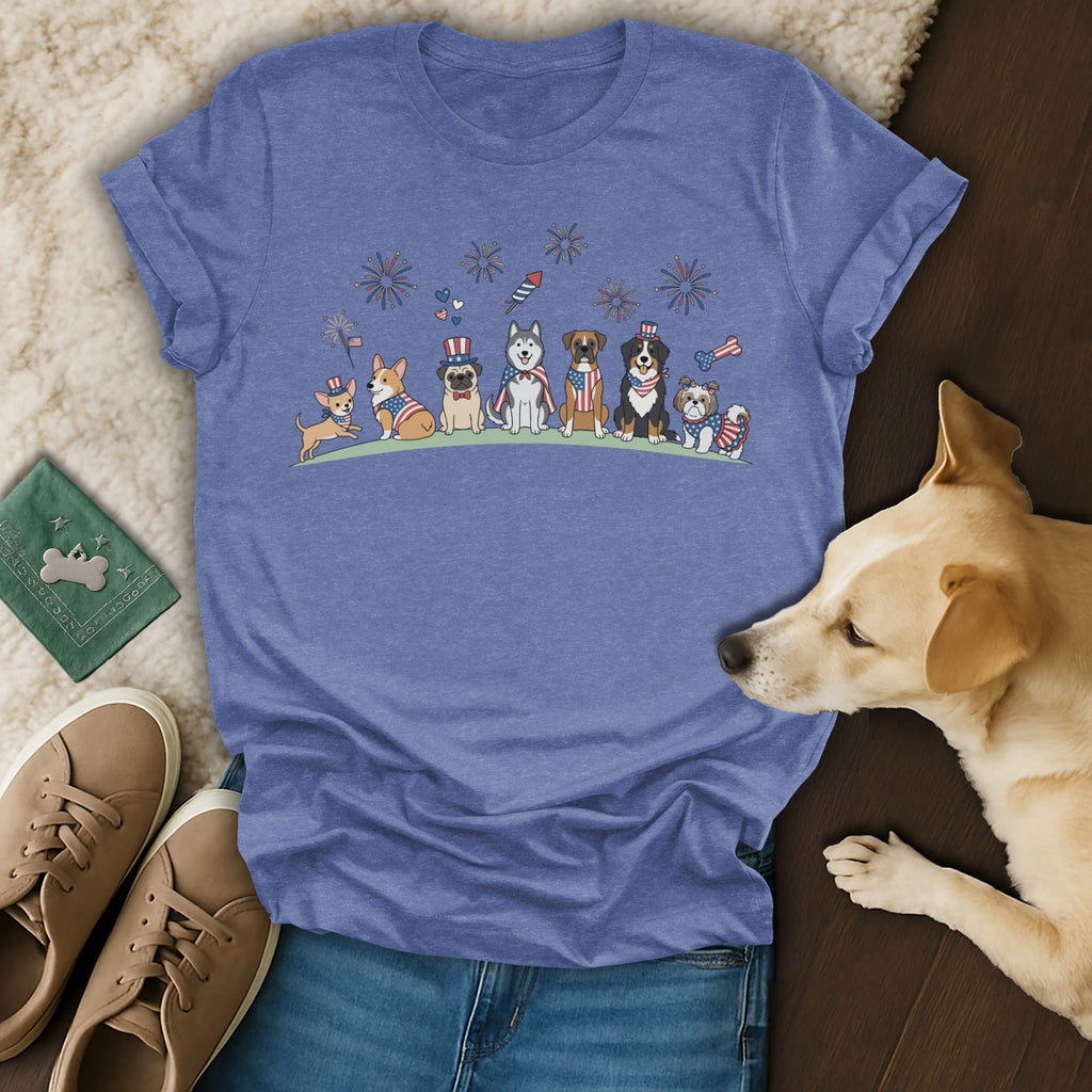 Dogs in patriotic outfits with fireworks, on a blue t-shirt.