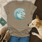 T-shirt with a watercolor dog design integrated into a wave, with paw prints.