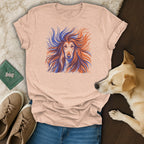 Graphic tee with abstract Afghan Hound face design, laid flat with dog.