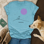 T-shirt with line drawing of dog sitting under a purple moon.