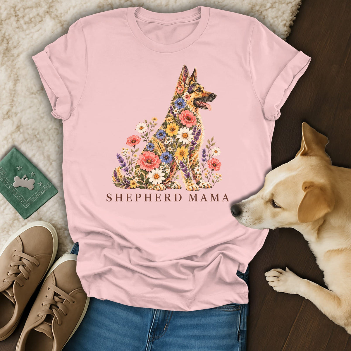 A pink t-shirt featuring a German Shepherd graphic filled with flowers and the text SHEPHERD MAMA.