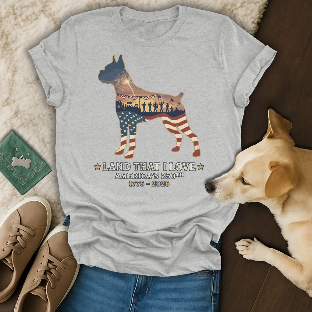 Gray t-shirt with a Boxer dog silhouette filled with American flag and patriotic scene.