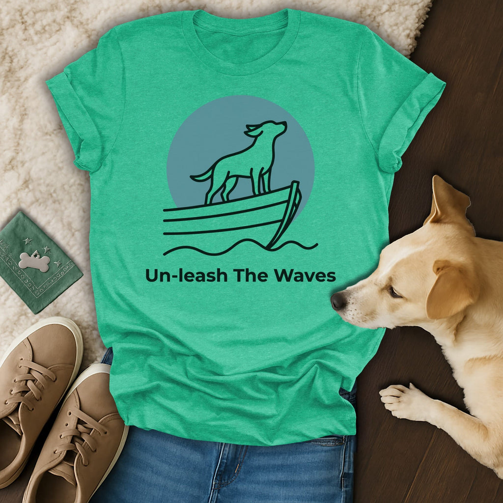 T-shirt with dog on boat graphic and text "Un-leash The Waves".