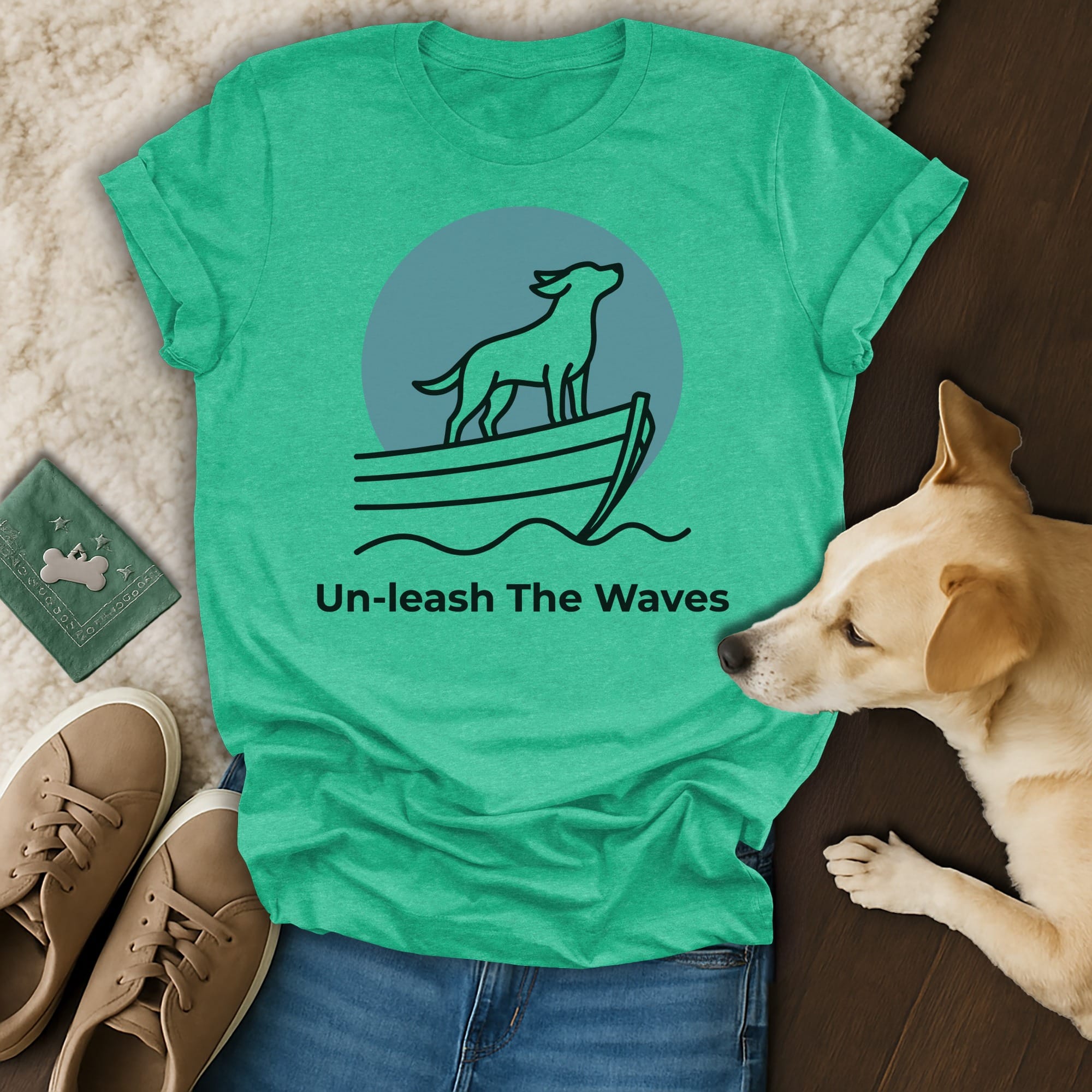 T-shirt with dog on boat graphic and text "Un-leash The Waves".