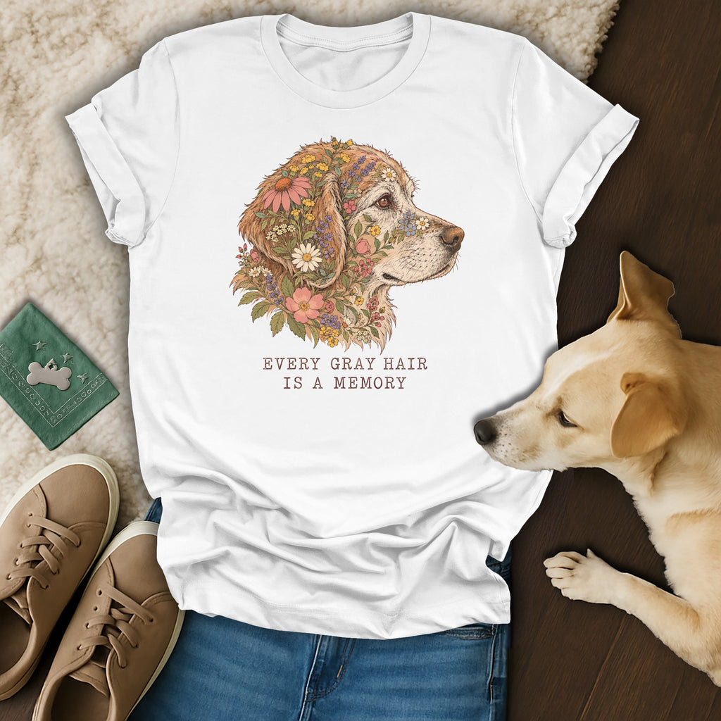 A white t-shirt featuring a golden retriever illustration with flowers and the text Every Gray Hair Is A Memory.