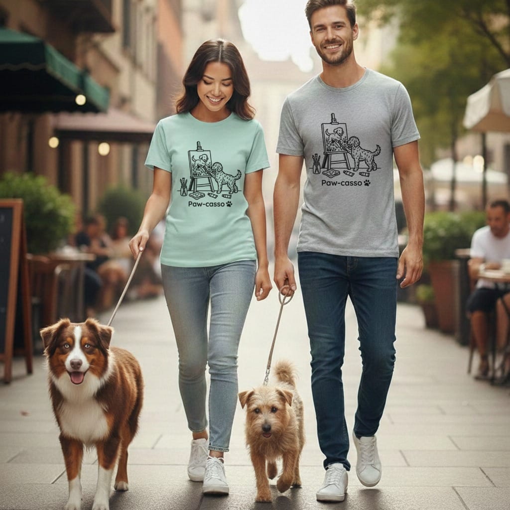 Couple walking two dogs, both wearing matching t-shirts with dog art.