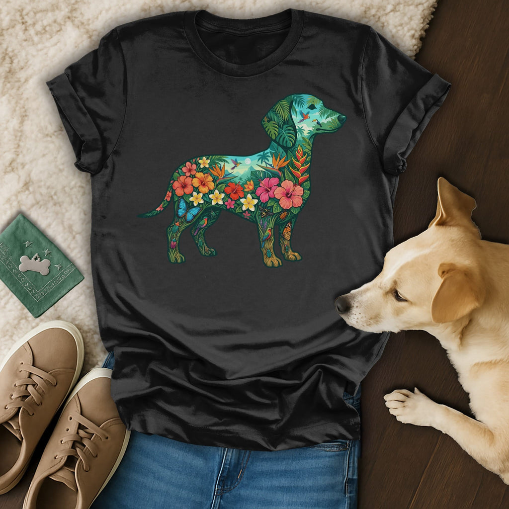 Black t-shirt with a colorful floral dachshund silhouette design.