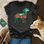 Black t-shirt with a colorful floral dachshund silhouette design.