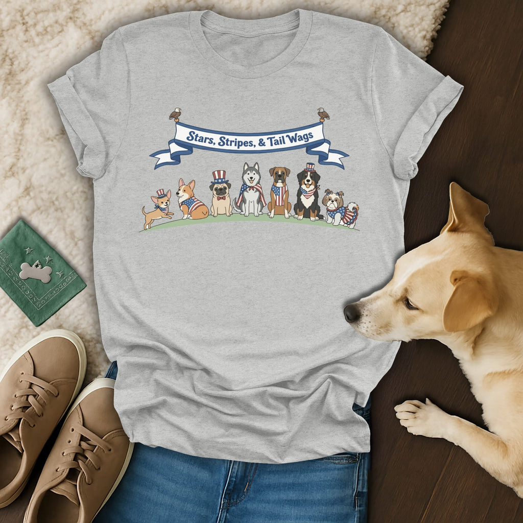 T-shirt with patriotic dogs and "Stars, Stripes & Tail Wags" banner.