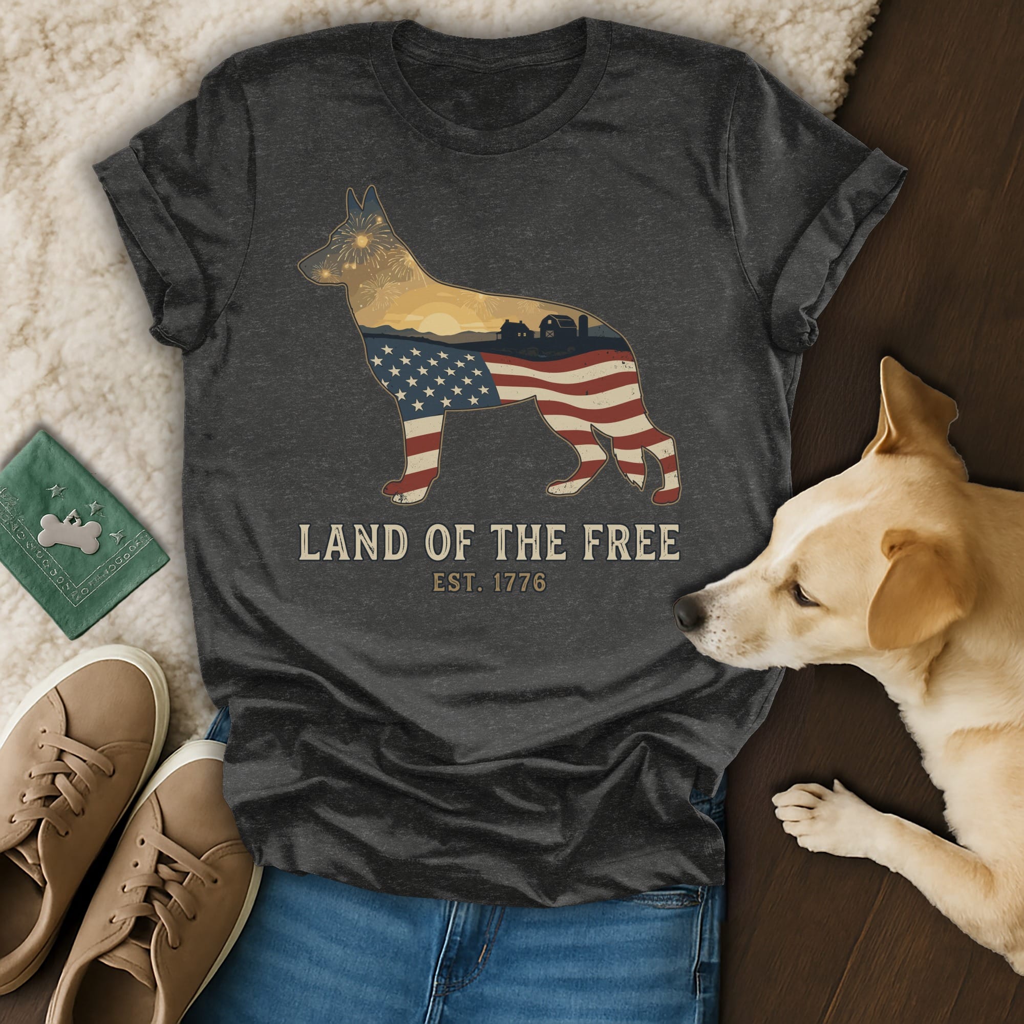 Dark grey t-shirt with an American flag silhouette of a dog, featuring text "Land of the Free".