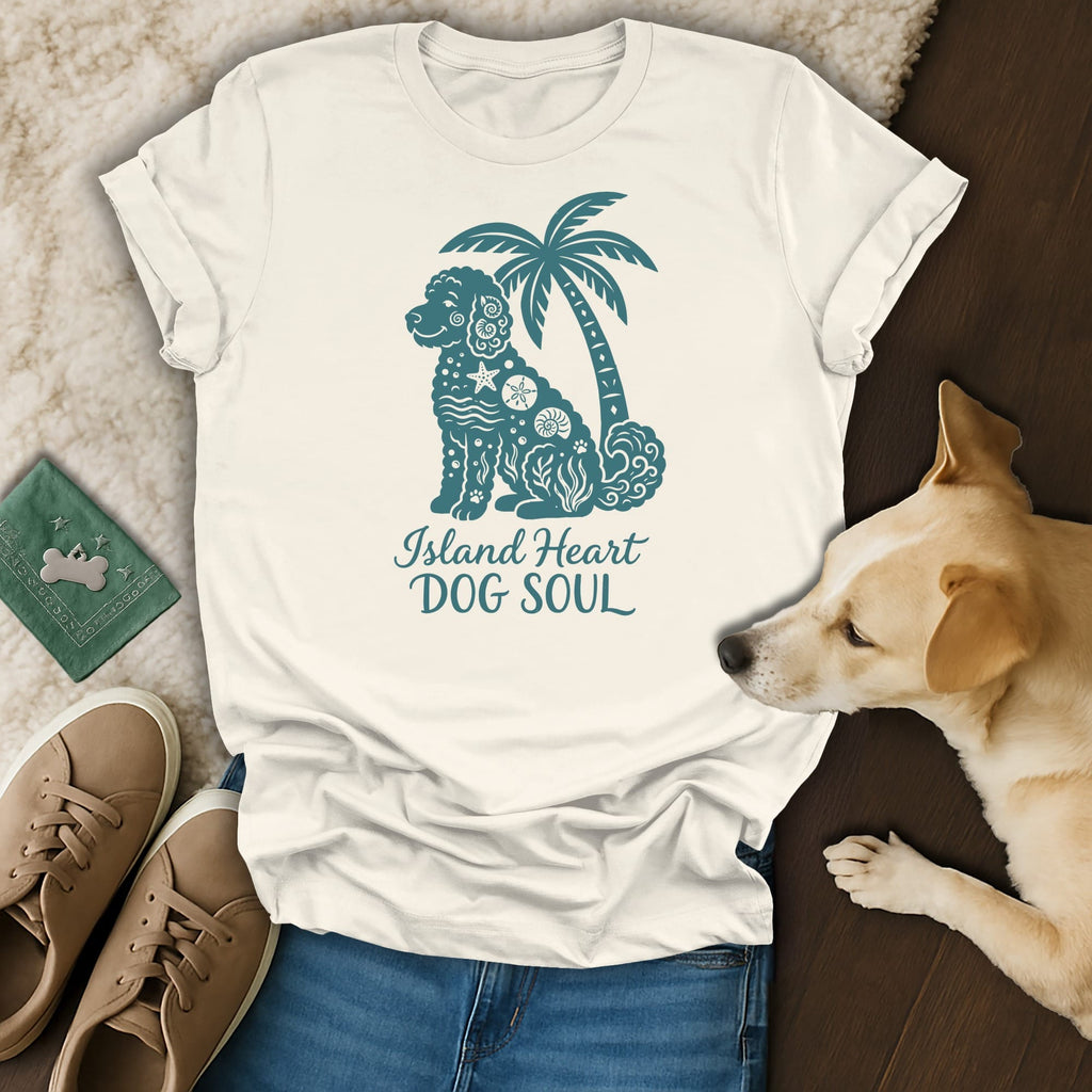 Cream t-shirt with blue "Island Heart DOG SOUL" text and dog graphic.
