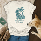 Cream t-shirt with blue "Island Heart DOG SOUL" text and dog graphic.