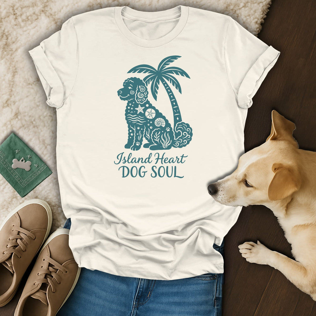 Cream t-shirt with blue "Island Heart DOG SOUL" text and dog graphic.