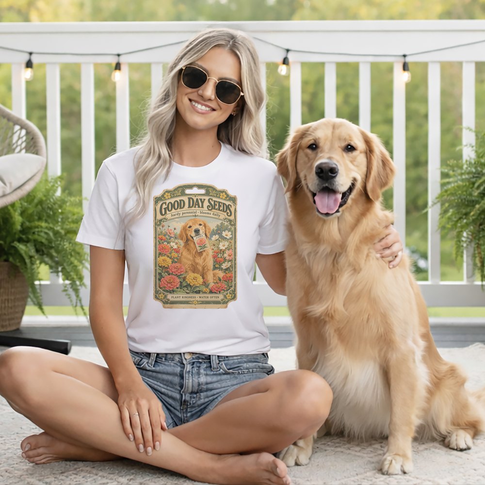 A smiling blonde woman in a white t-shirt sits beside a golden retriever on a porch.