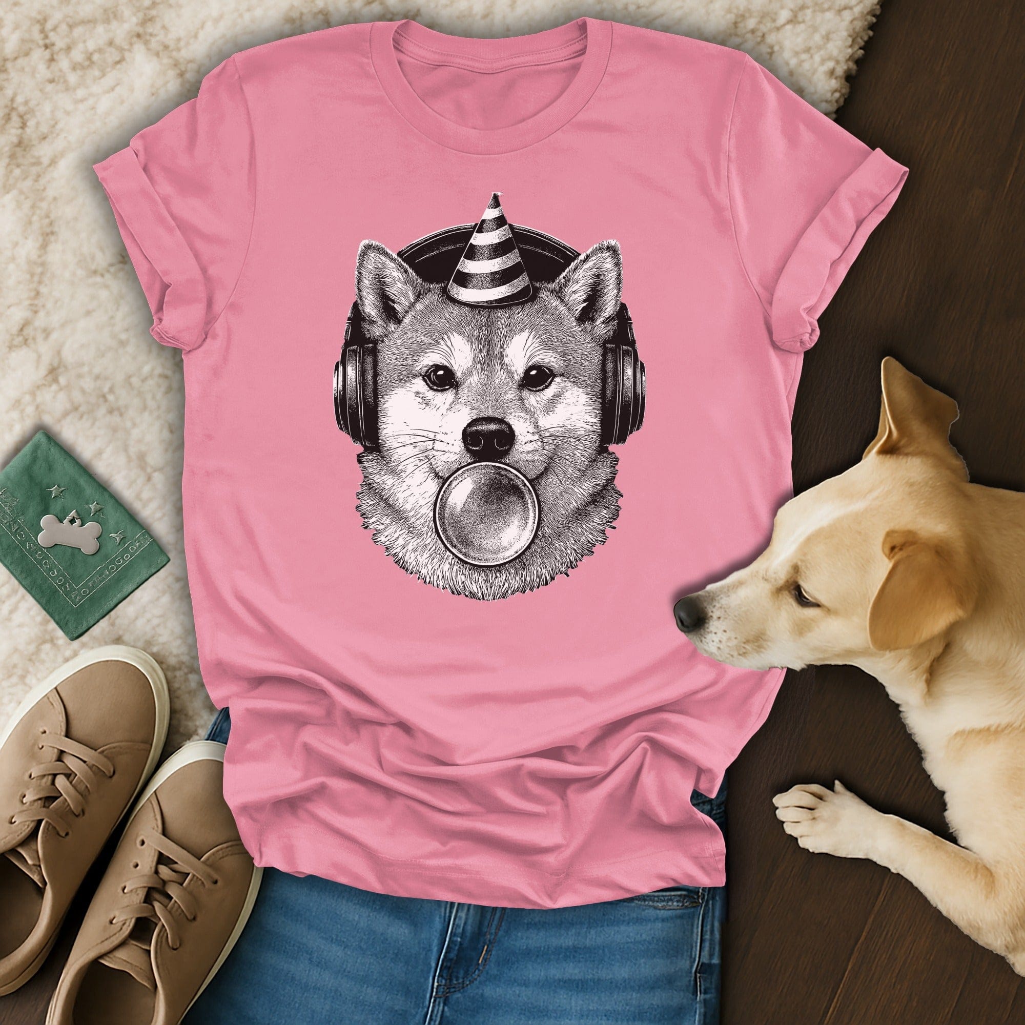 Cute Dog with Party Hat and Headphones Shirt