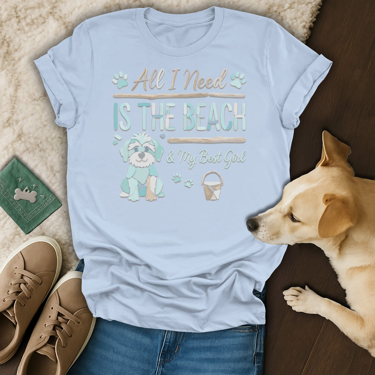 Light blue t-shirt with graphic: "All I Need Is The Beach & My Best Girl".