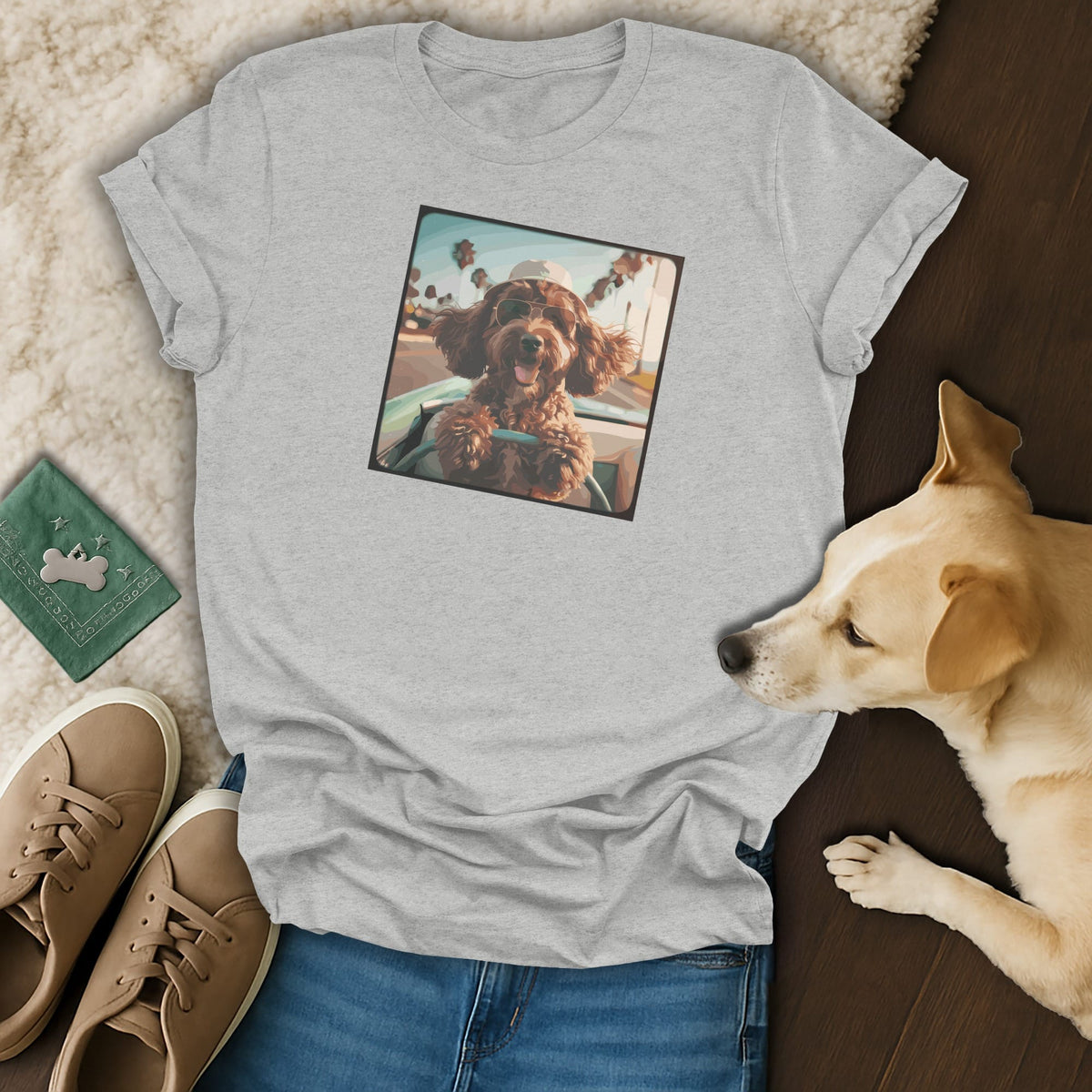 Gray t-shirt with a graphic of a dog wearing sunglasses and a hat in a car.
